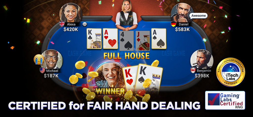 Poker Championship - Holdem - A poker table showing a winning full house hand and official RNG certification badges for fair play.