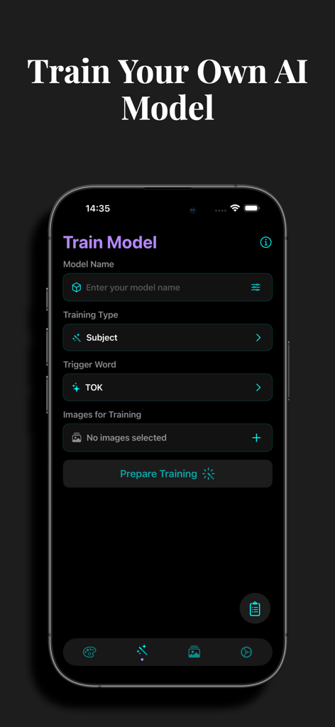 FluxCat - AI Image Generator - Screen showing how to train your own AI model in FluxCat