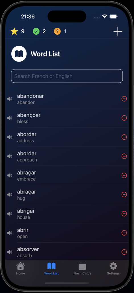 Brazilian Portuguese Verbs - A list of Portuguese verbs with their English translations on the Word List screen of the Brazilian Portuguese Verbs app.