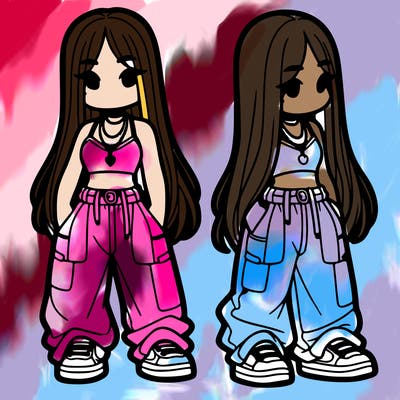 girl in baggy pants crop top and long hair