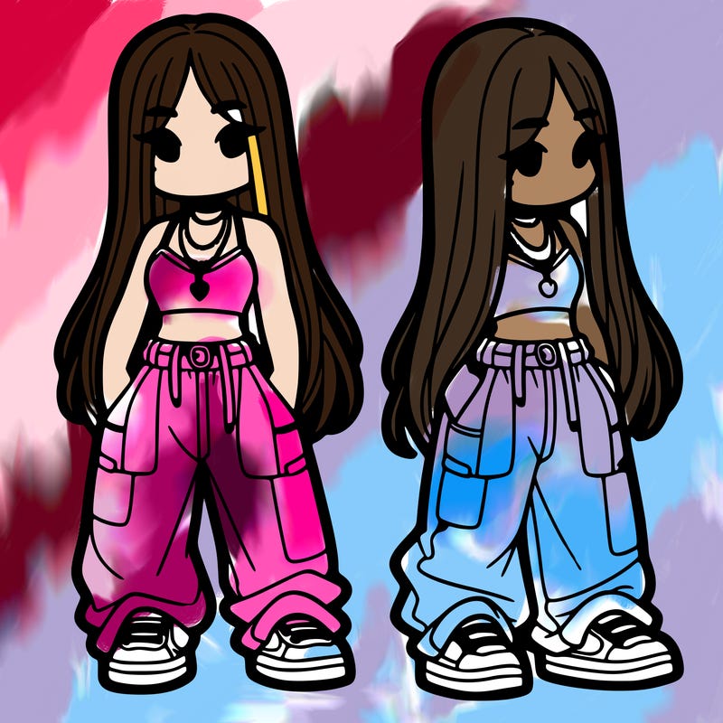 girl in baggy pants crop top and long hair