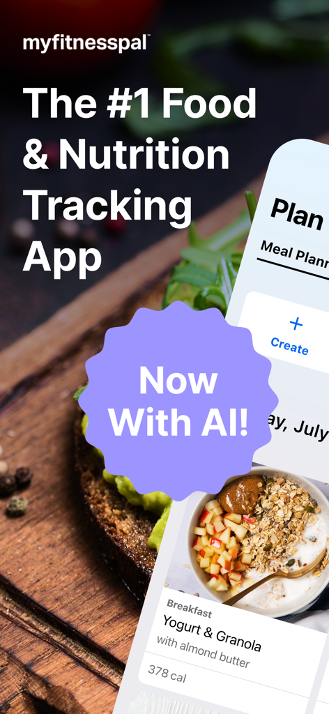 MyFitnessPal app interface showing food tracking and new AI features with a meal log for yogurt and granola