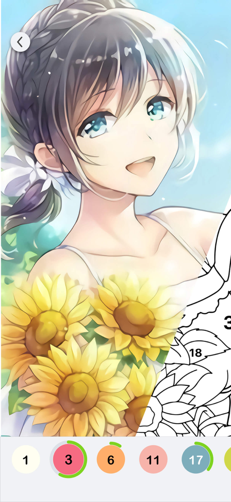 Anime Paint - Color By Number - Una chica de anime con girasoles en una interfaz de juego de colorear por números mostrando el progreso y una paleta de colores.