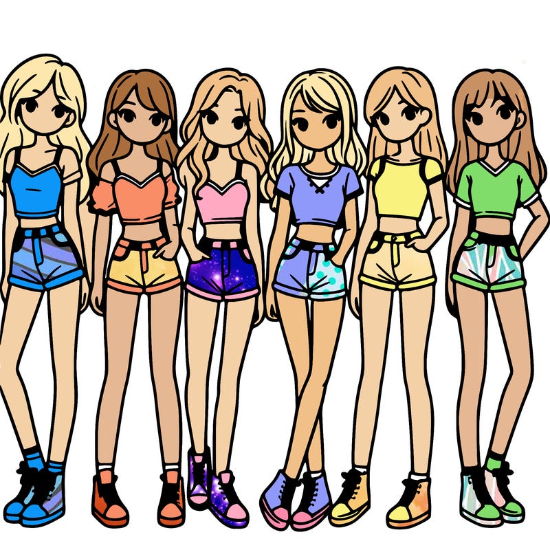 a group of girls wearing crop tops and shorts