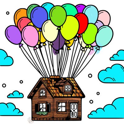 house floating from lots of balloons