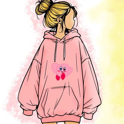 realistic girl with a oversized sweatshirt on and a bun