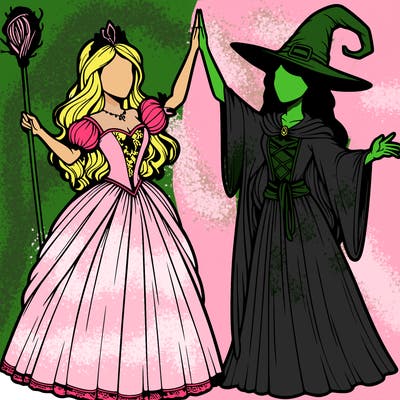 detailed realistic split of a princess and a witch