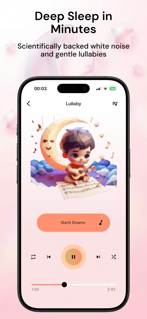 BabyNena: AI Baby Care - Captura de pantalla de la aplicación BabyNena que muestra la interfaz del reproductor de canciones de cuna con un bebé de dibujos animados en una luna creciente y controles de música para el sueño del bebé.