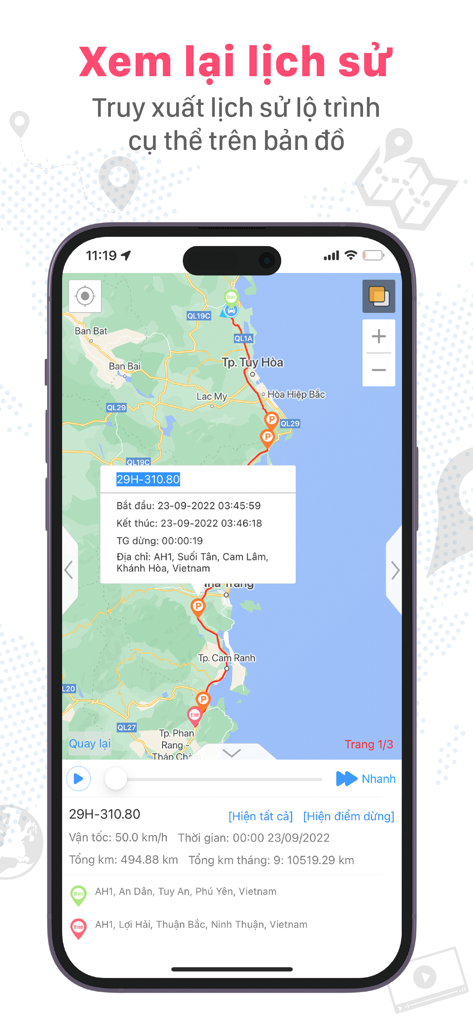 T-Track Pro mobile App zeigt die historische Route und Tracking-Daten eines Fahrzeugs auf einer Karte an