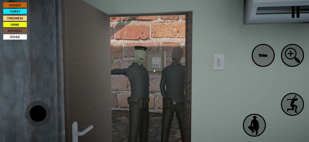 Egyptian Life - First person view of Egyptian Life gameplay showing survival status bars and two uniformed characters standing at a doorway