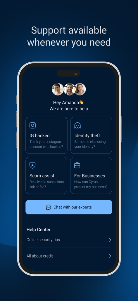 Cyrus Identity by Malwarebytes - A screenshot of the Cyrus Identity app showing expert support options for identity theft and social media protection.