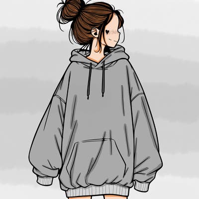 realistic girl with a oversized sweatshirt on and a bun