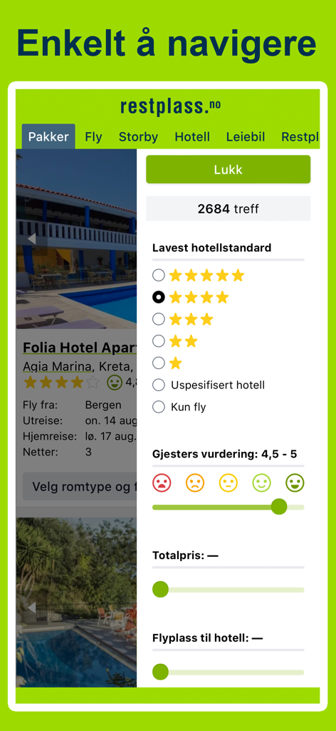 Mobile Oberfläche der Restplass-Reise-App mit Suchfiltern für Hotels und Urlaubspakete