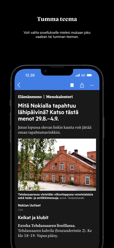 Nokian Uutiset news app interface showing a local event article in dark mode theme