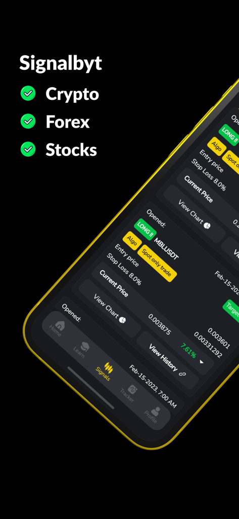 Aplicativo móvel Signalbyt exibindo sinais de trading com IA para criptomoedas, forex e ações