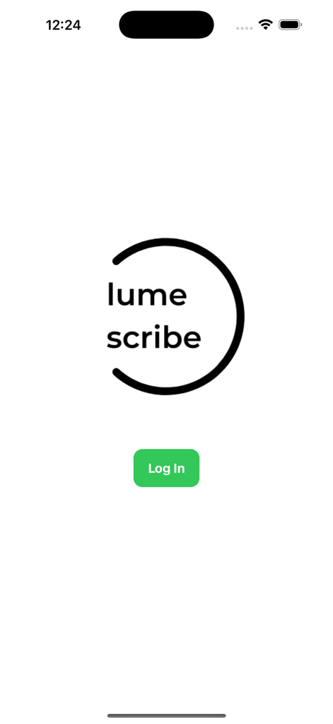 Anmeldebildschirm der Lume Scribe-App mit Logo und grünen Anmeldebutton