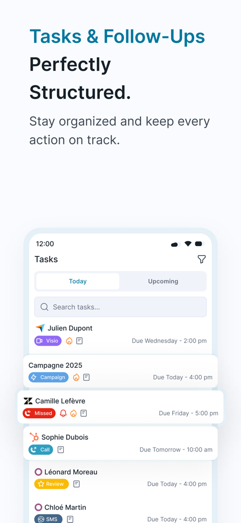 Ringover - Ringover mobile app interface showing organized professional tasks and follow ups