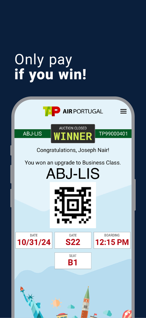 SeatBoost - SeatBoost app screen showing a successful auction win for a business class flight upgrade with TAP Air Portugal.