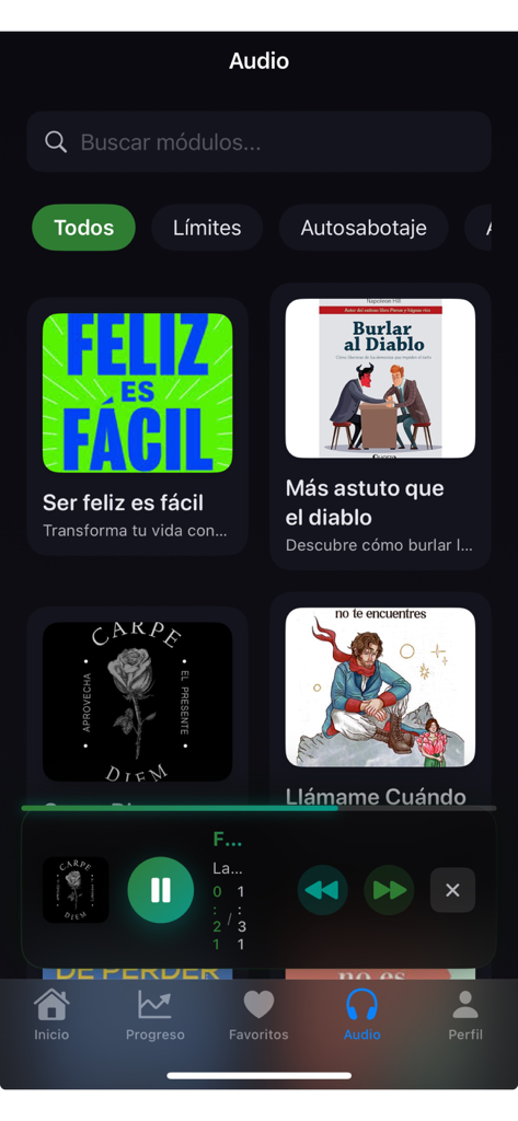 Huellas de vida - Interface of the Huellas de Vida app showing the audio modules library and an active playback controller.