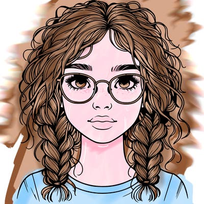 realistic girl with glasses and frizzy hair in braids