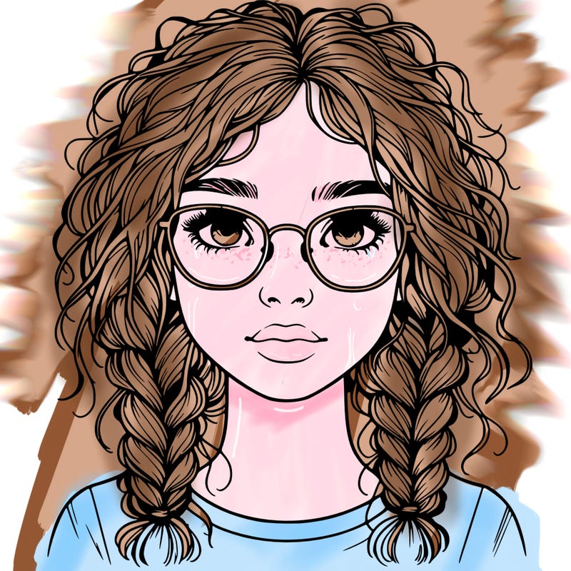 realistic girl with glasses and frizzy hair in braids