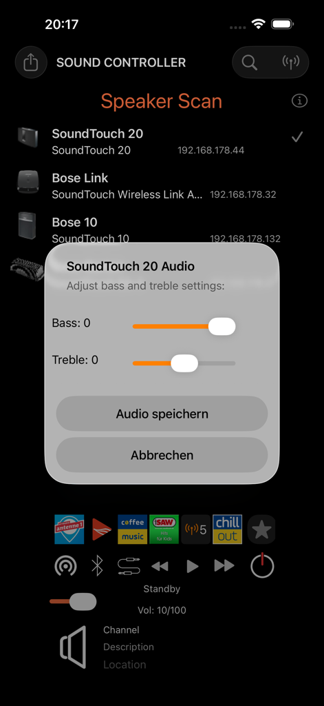 Companion for Bose SoundTouch - Companion for Bose SoundTouch app screen showing bass and treble equalizer settings for a speaker