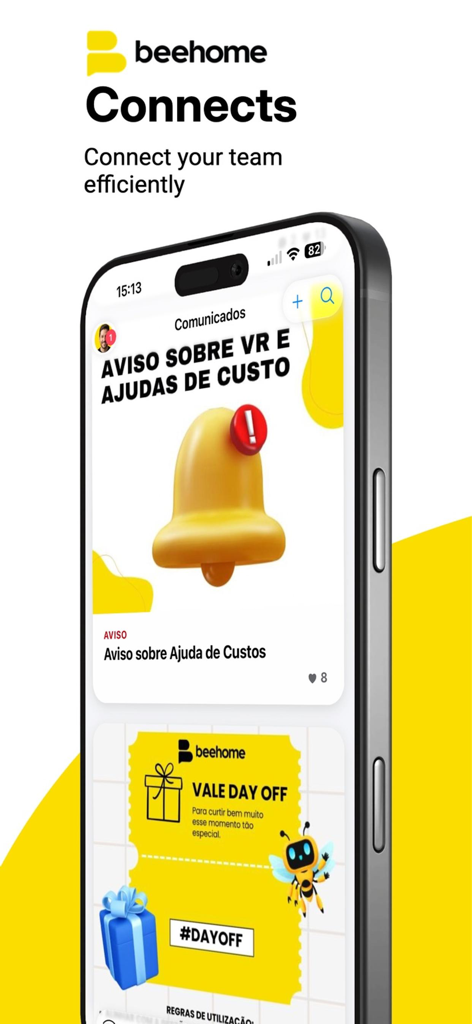 Beehome - Employee Workspace - Beehome app interface showing internal corporate announcements and employee benefits like a day off voucher