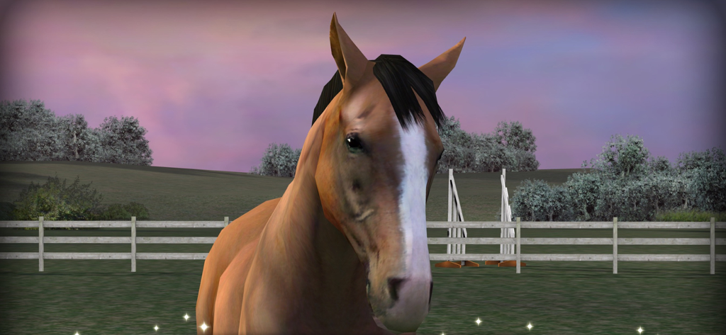 황혼녘 3D 목장에서 흰색 줄무늬가 있는 갈색 말의 클로즈업