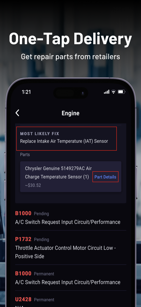 RepairSolutions2 - La pantalla de la aplicación RepairSolutions2 muestra códigos de diagnóstico y piezas de reparación sugeridas.