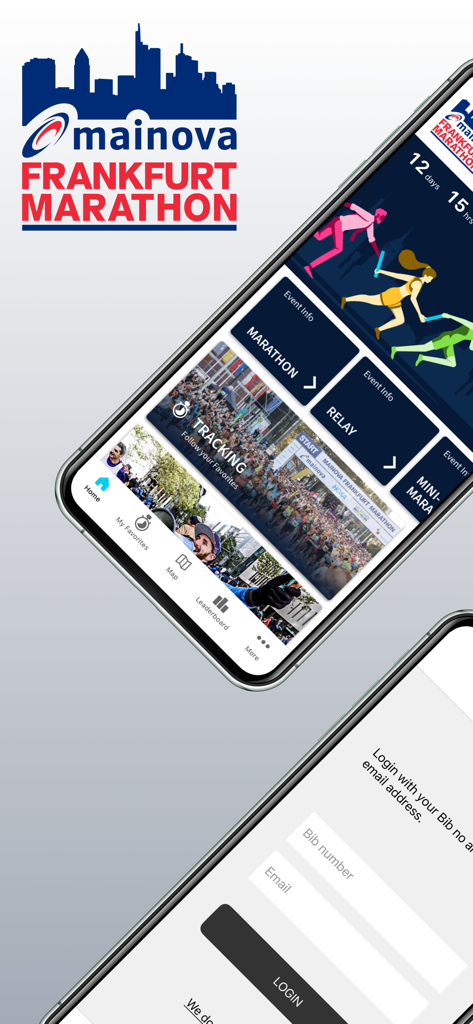 Mainova Frankfurt Marathon mobile app home screen with race tracking features
