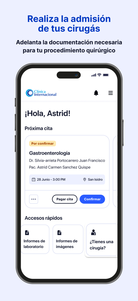 Clinica Internacional - Interface do aplicativo móvel para a Clínica Internacional mostrando admissão de cirurgia e gestão de consultas médicas