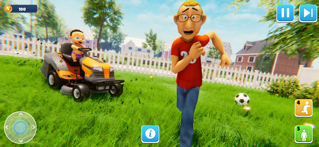 Hide And Seek: Find Daddy Game - A mischievous baby on a yellow lawnmower chasing a man through a suburban backyard.