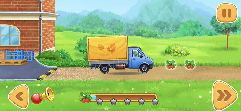 Farm car games: Tractor, truck - Un camión de reparto azul conduciendo por un campo verde en un juego educativo de granja para niños