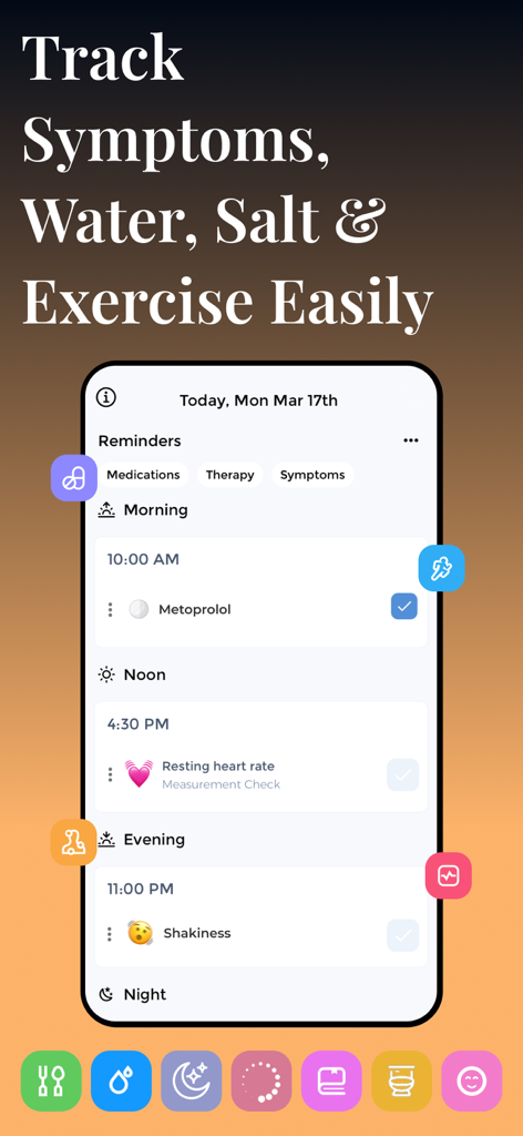 POTS Tracker - Tachycardia - Screenshot dell'app POTS Tracker che mostra un programma giornaliero per farmaci, controlli della frequenza cardiaca e registrazione dei sintomi