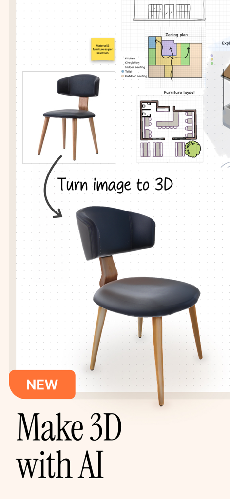 A demonstration of the uMake app's AI feature converting a 2D image of a chair into a 3D model.