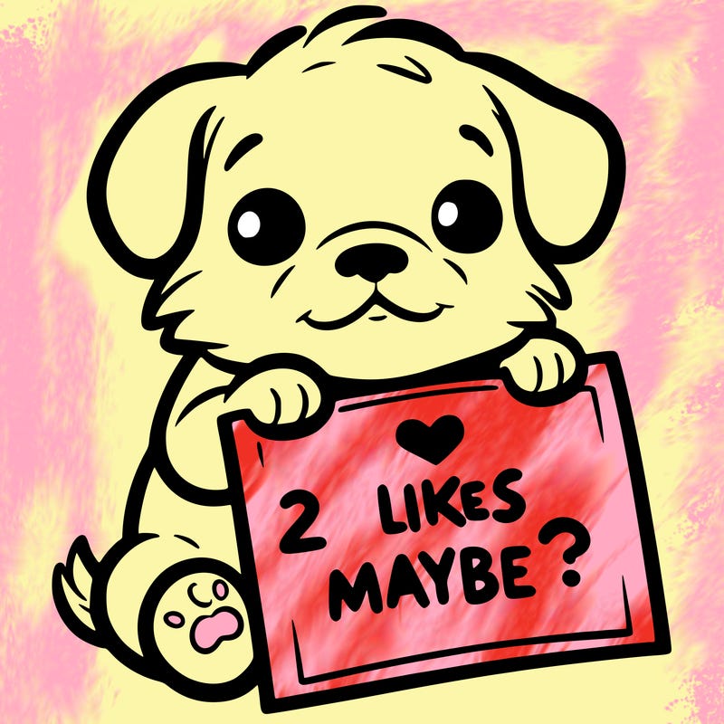 a puppy holding a sign that says 2 likes maybe?