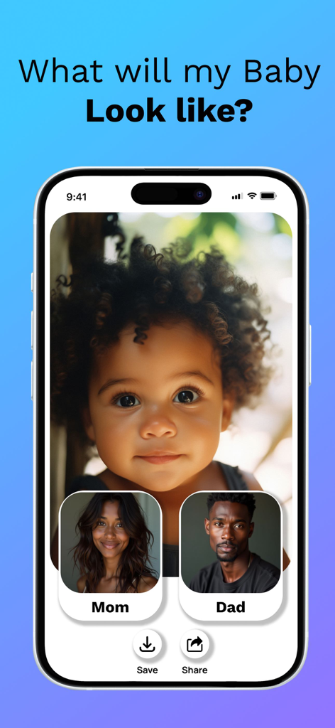 Baby Generator See Future Face - A smartphone display showing an AI generated baby face based on photos of both parents.