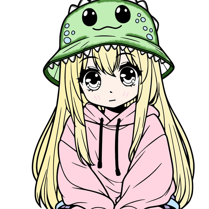 girl with anime shaped eyes with a dinosaur bucket hat oversized sweatshirt long straight hair