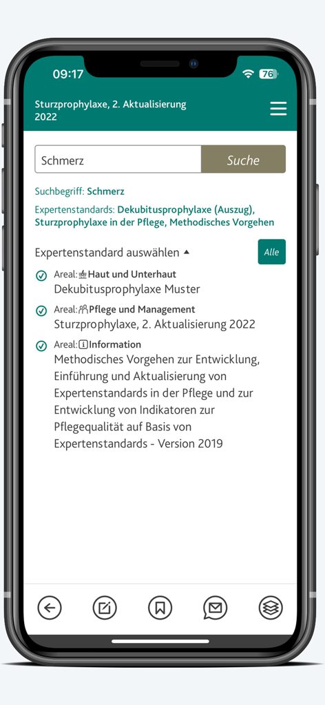 DNQP Leila - Uma interface móvel para o aplicativo DNQP Leila mostrando uma barra de pesquisa e resultados de padrões de especialistas em enfermagem para gerenciamento de qualidade.