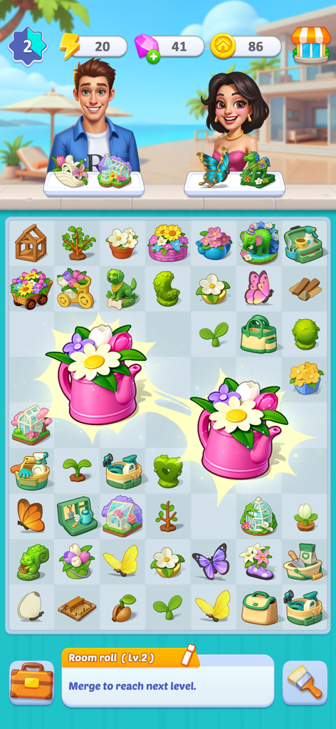 Happy Merge Estate - A gameplay screenshot of Happy Merge Estate showing garden-themed items and flowers being merged on a puzzle board.