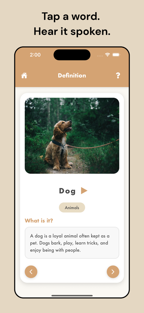 Kids Dictionary - 키즈 사전의 미니멀한 모바일 앱 화면으로, '개'라는 단어의 정의와 사진이 표시됩니다.