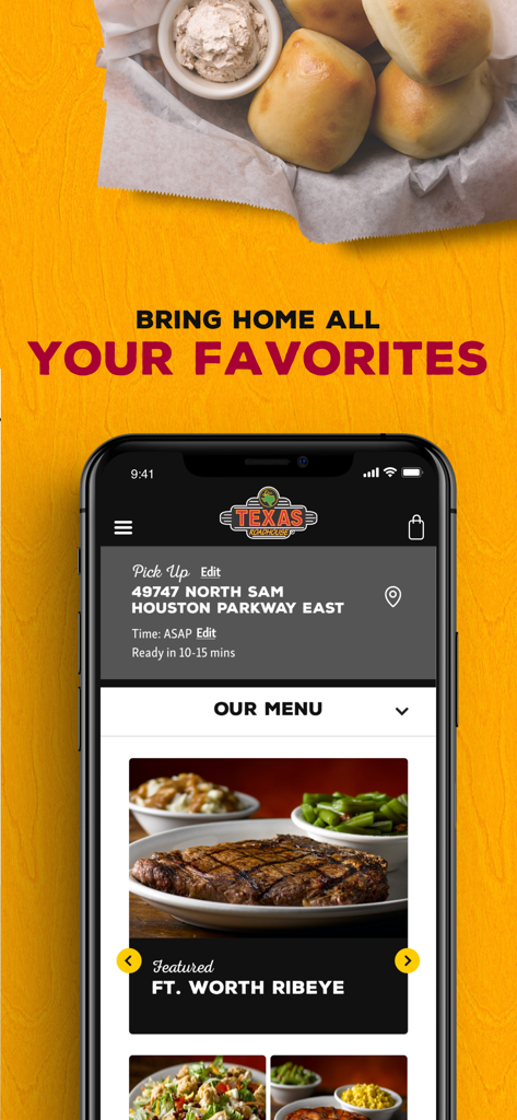 Texas Roadhouse mobile app display showing the menu with a featured ribeye steak and fresh bread rolls