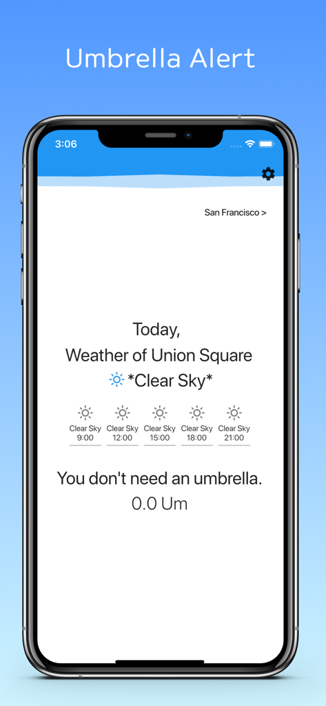Smartphone screen showing the Your Umbrella app interface with a sunny weather forecast and a note stating no umbrella is needed