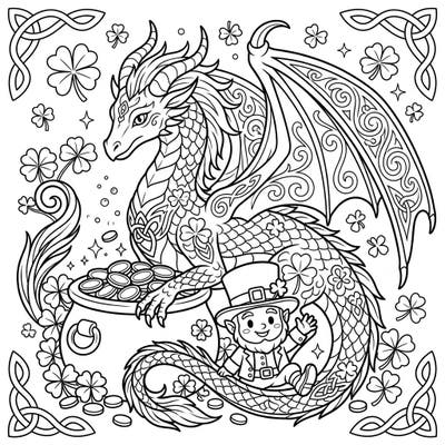 Unearth a pot of gold and artistic joy with this enchanting St. Patrick's Day coloring page featuring a magnificent dragon and a cheerful leprechaun. Designed with minimalist line art, it offers a serene and engaging creative escape for all ages.