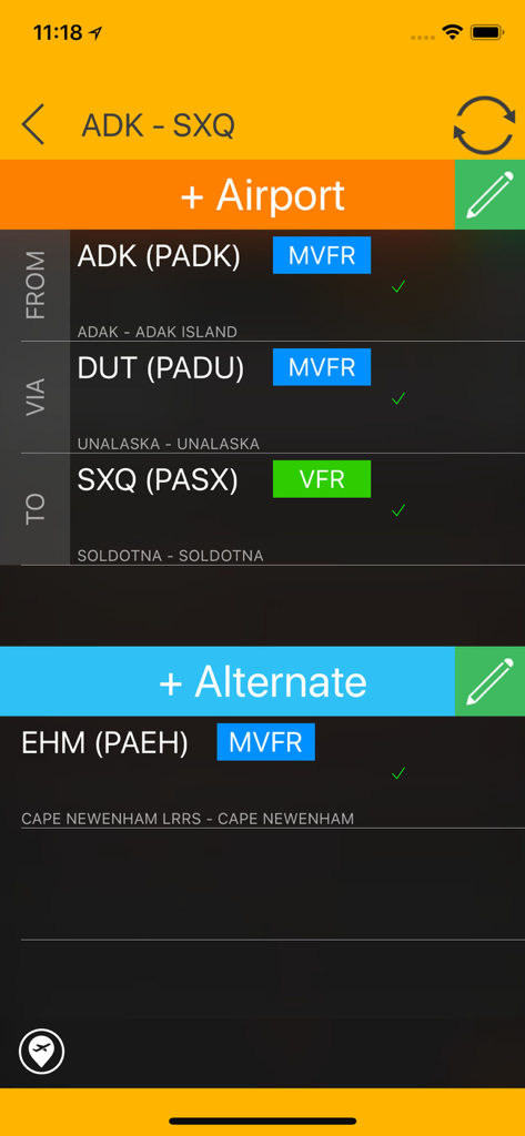 Flugroutenplaner, der den Flugwetterstatus mit VFR- und MVFR-Labels anzeigt.
