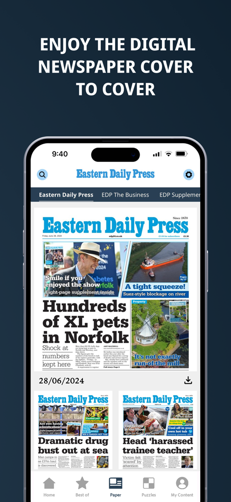 A smartphone showing the Eastern Daily Press app digital newspaper feature with the front page of the Norfolk daily paper