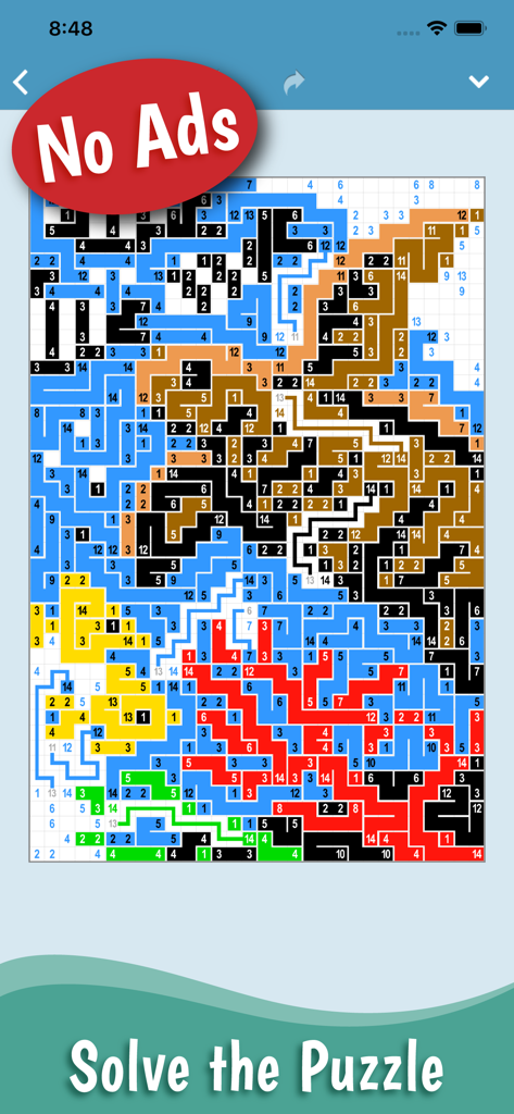 Un puzle de lógica de pixel art terminado y colorido en la pantalla de un teléfono móvil con un banner de Sin Anuncios.