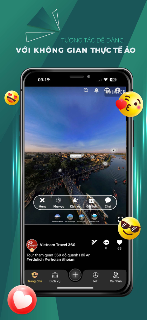 YooLife mobile app showing a 360-degree virtual reality tour of Hoi An in Vietnam