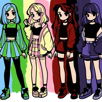 one girl with crop-top shirt and a jacket with a skirt, long socks and another girl with a shirt and pants with a jacket