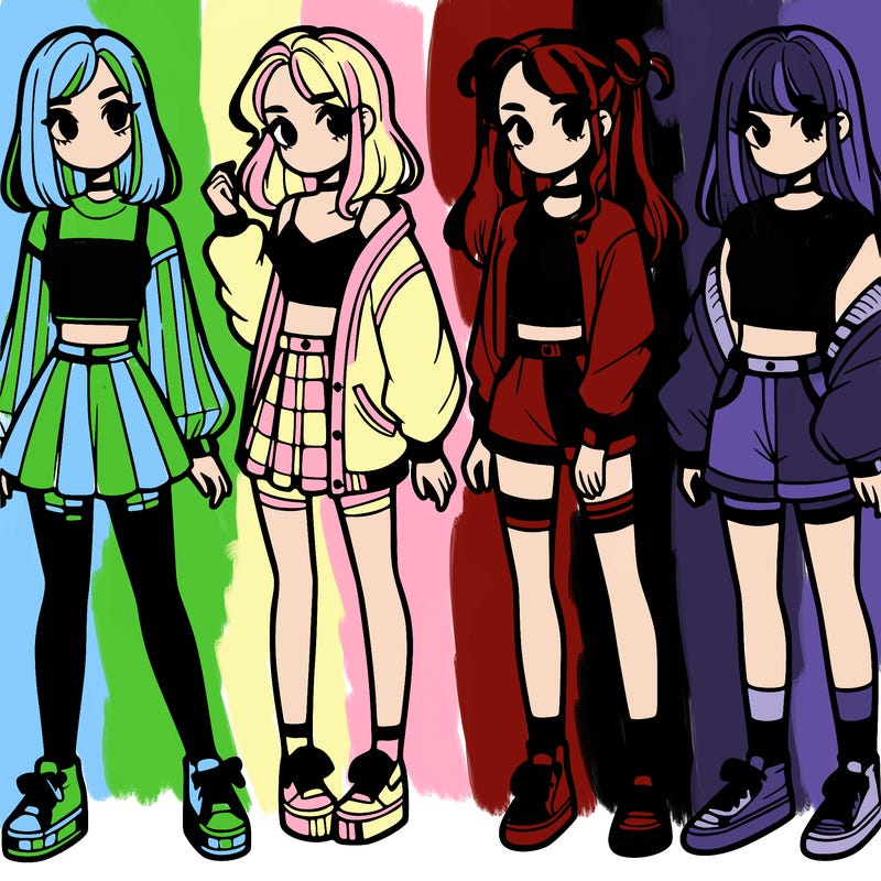 one girl with crop-top shirt and a jacket with a skirt, long socks and another girl with a shirt and pants with a jacket